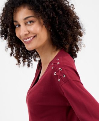 Petite Lace-Up Shoulder V-Neck Sweater, Macy's Exclusive