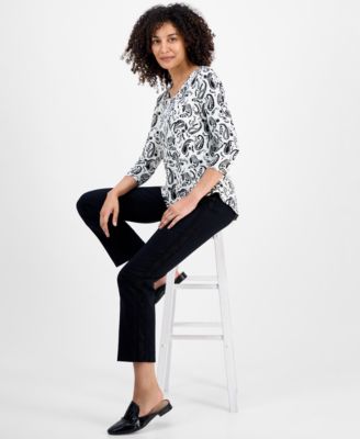 Petite Paisley Print Scoop-Neck 3/4-Sleeve T-Shirt, Macy's Exclusive