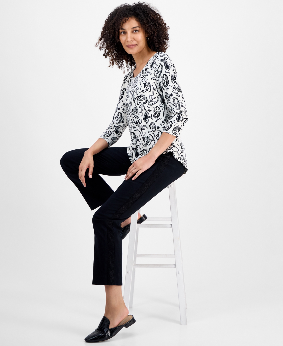 Jm Collection Petite Paisley Print Scoop-neck 3/4-sleeve T-shirt, Macy's Exclusive In Gray