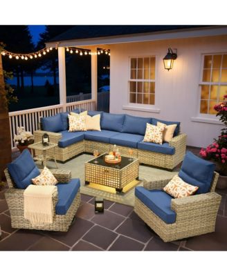 9-Piece Outdoor Wicker Patio Furniture Set with Rattan Modular Sectional Sofa, Swivel Rocking Chairs, and Side Table
