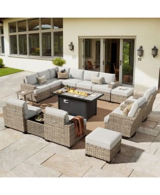 Piece Outdoor Patio Furniture Sets with Fire Pit Table,Wicker Sectional Sofa with Patio Swivel Chairs,Solar Powered Coffee Table and Ottoman
