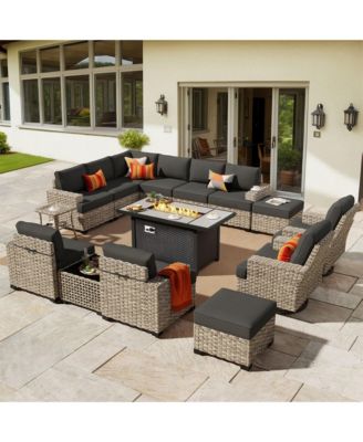 Piece Outdoor Patio Furniture Sets with Fire Pit Table,Wicker Sectional Sofa with Patio Swivel Chairs,Solar Powered Coffee Table and Ottoman