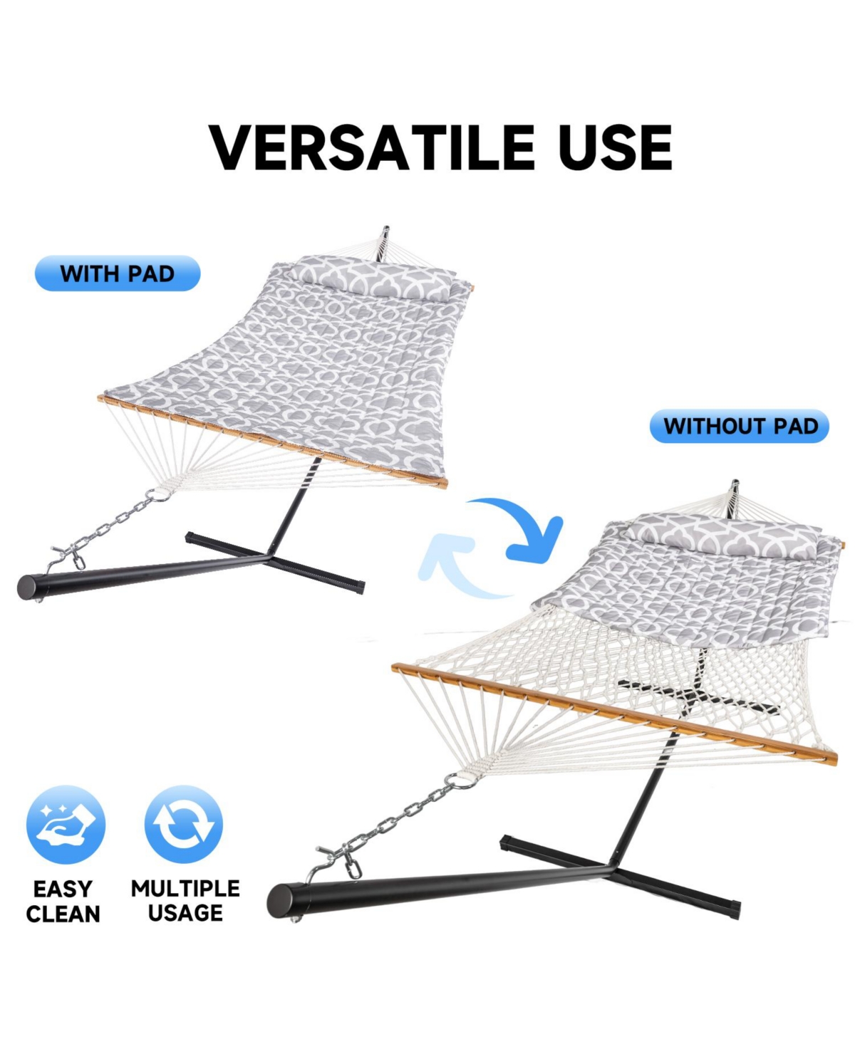 Double Hammock with Stand, 2 Person Cotton Rope Hammock with Removable Polyester Pad