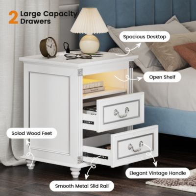 Nightstand with Charging Station, 3-Color LED Lights and 2 Drawers