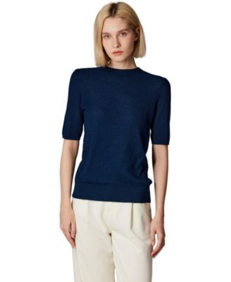 Women's Funnel Neck Short Sleeve Sweater | 75% Merino Wool 25% Silk Ultra Soft Fine-gauge Knit Top | Machine Washable