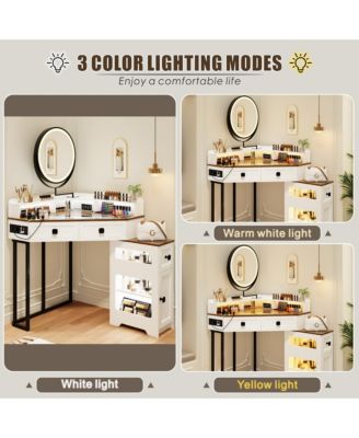 Farmhouse-style dressing table with mirror and lights, featuring a glass top.