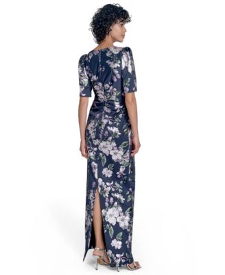 Women's Scuba Printed Jewel-Neck Gown