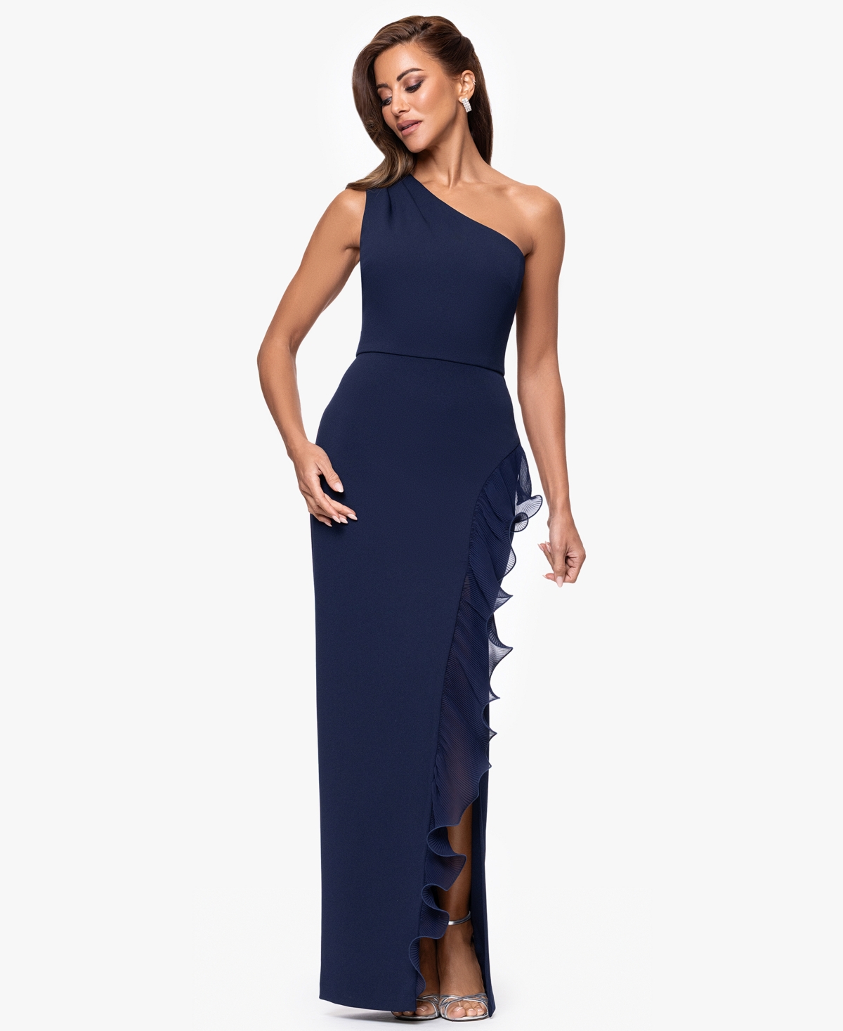 Women's Scuba Crepe One-Shoulder Long Sheath Dress - Navy