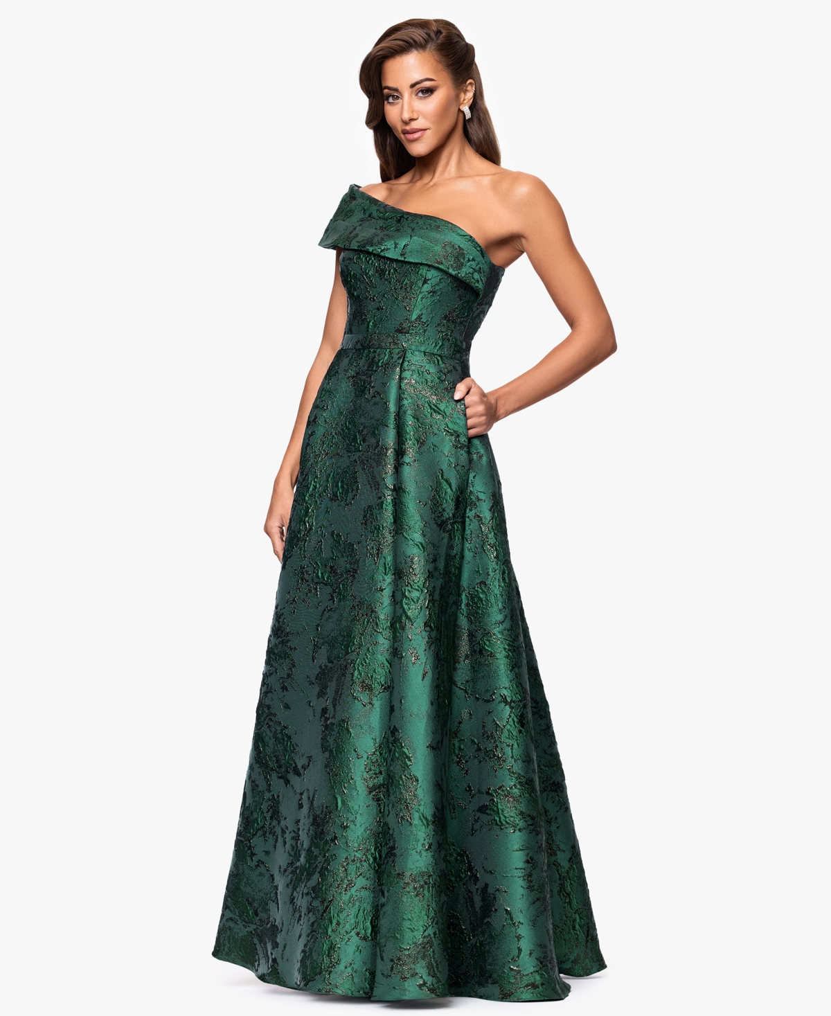 Xscape Women's Jacquard One-shoulder Ball Gown In Green