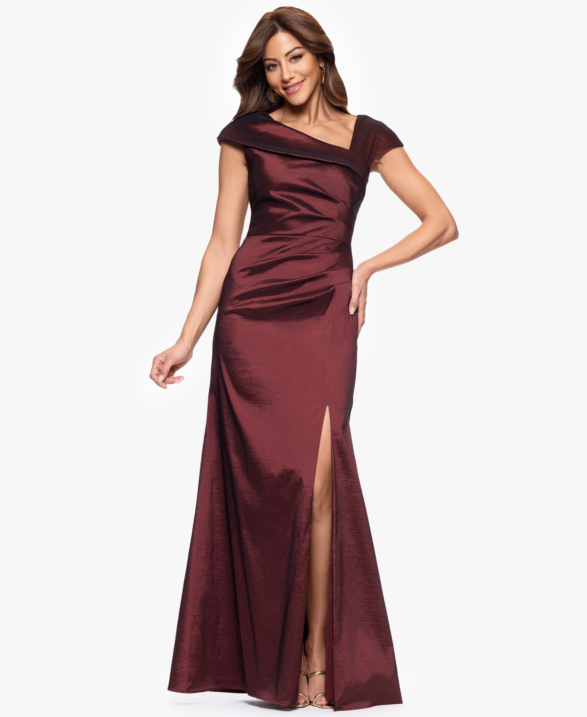 Women's Asymmetric Pleated Cap-Sleeve Gown - Wine