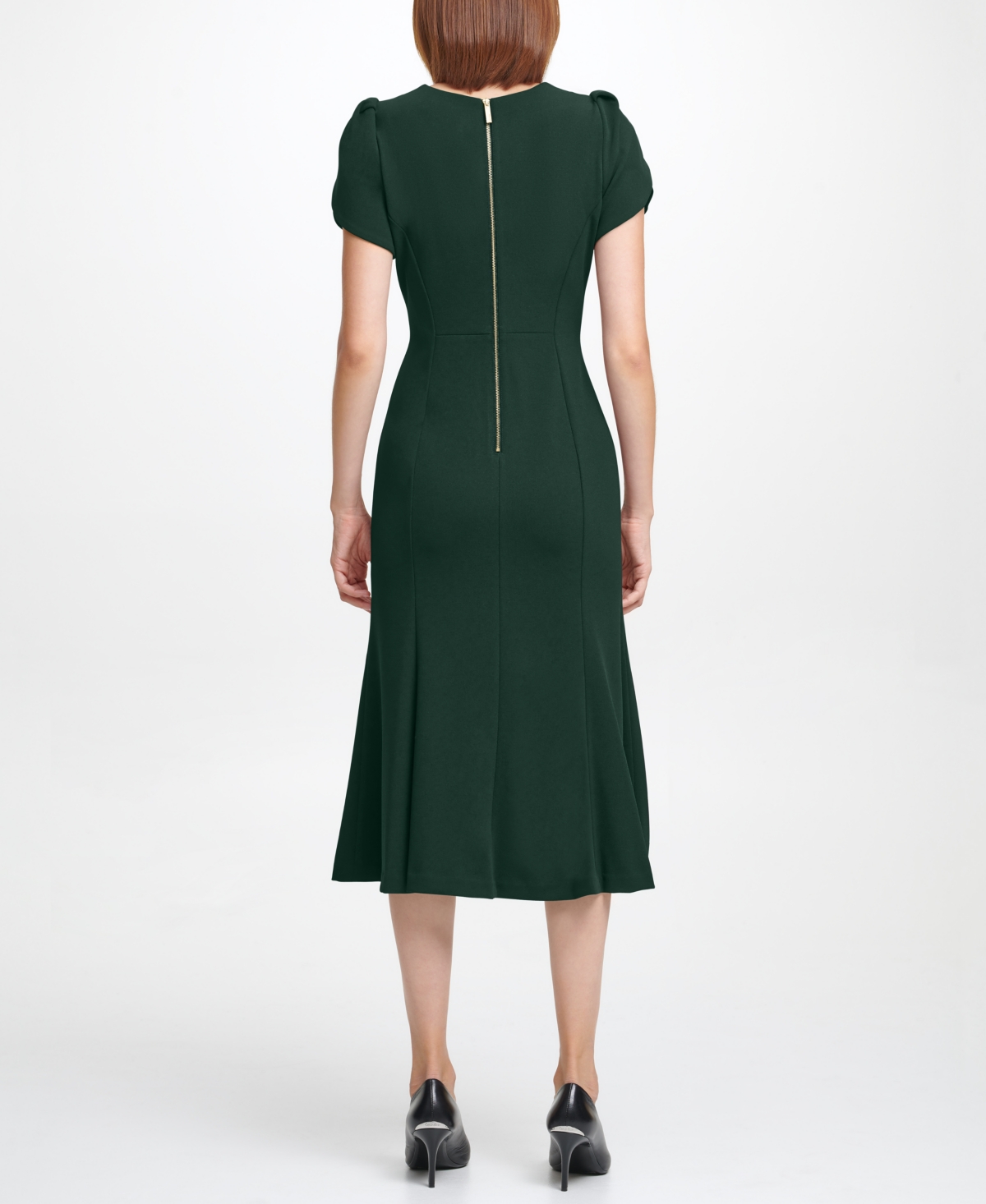 Calvin Klein Tulip Sleeve Crepe A-line Midi Dress In Black