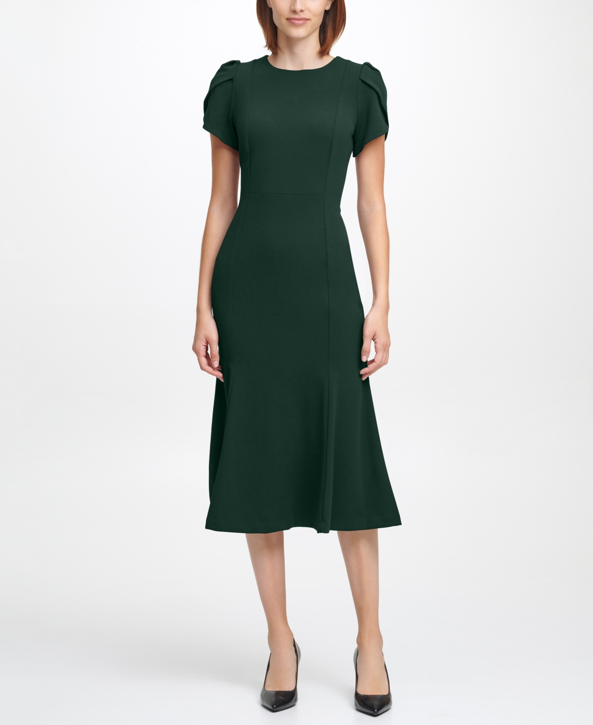 Calvin Klein Tulip Sleeve Crepe A-line Midi Dress In Black