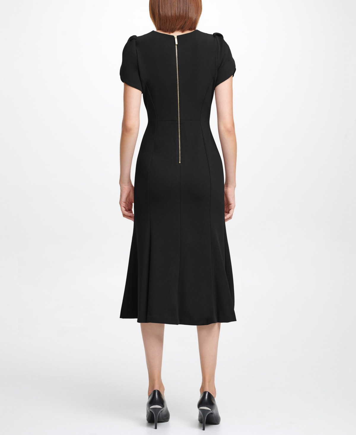 Calvin Klein Tulip Sleeve Crepe A-line Midi Dress In Black