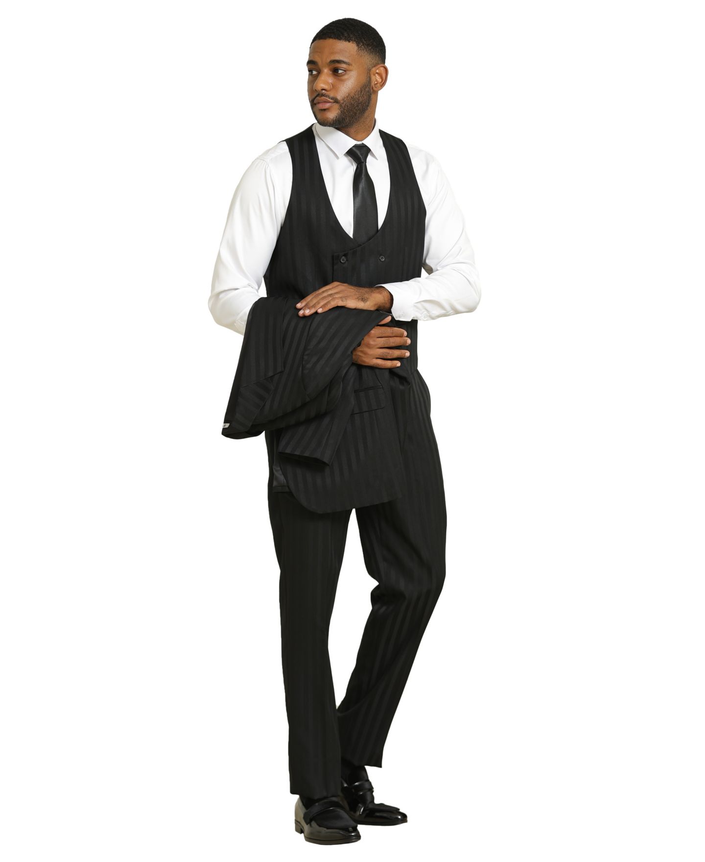 Мужской комплект Stacy Adams Tone On Tone 3-Piece Jacket With Solid Vest And Pants Suit Peak Lapel, цвет: Чёрный — фото 2