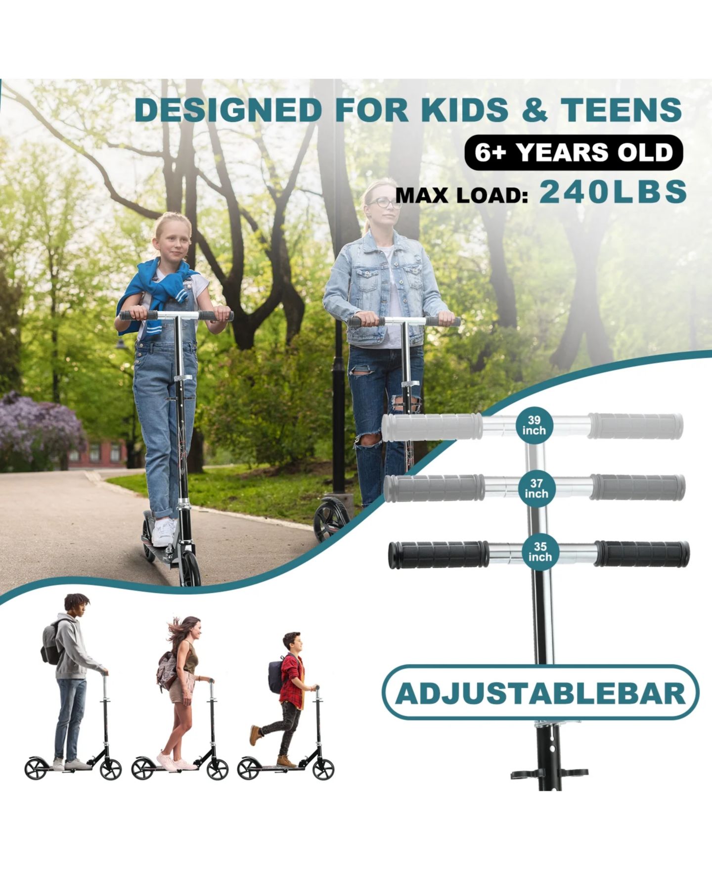 Детская игрушка SUGIFT Folding Kick Scooter with 3 Adjustable Heights for Teens & Adults, цвет: Чёрный — фото 3
