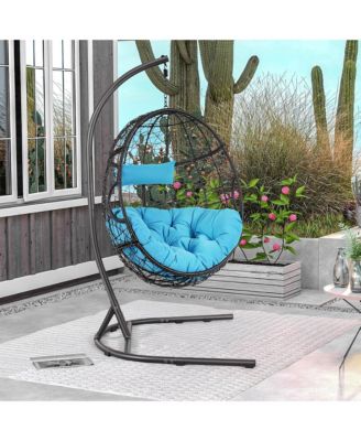 Hanging Hammock Chair Egg Swing Chair w/ Blue Cushion Pillow Stand