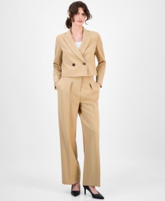 Anne Klein Womens Double Breasted Peak Lapel Ultra Fine Twill Cropped Jacket High Rise Pleated Wide Leg Ultra F In Brown