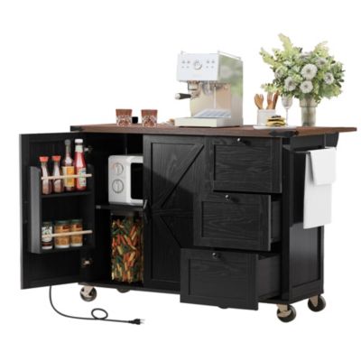 54.5" Rolling Kitchen Cart with Drop Leaf, Power Outlet, Spice Rack and Ample Storage