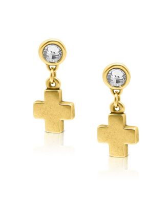 Cubic Zirconia Gold Plated Post With Cross Earrings