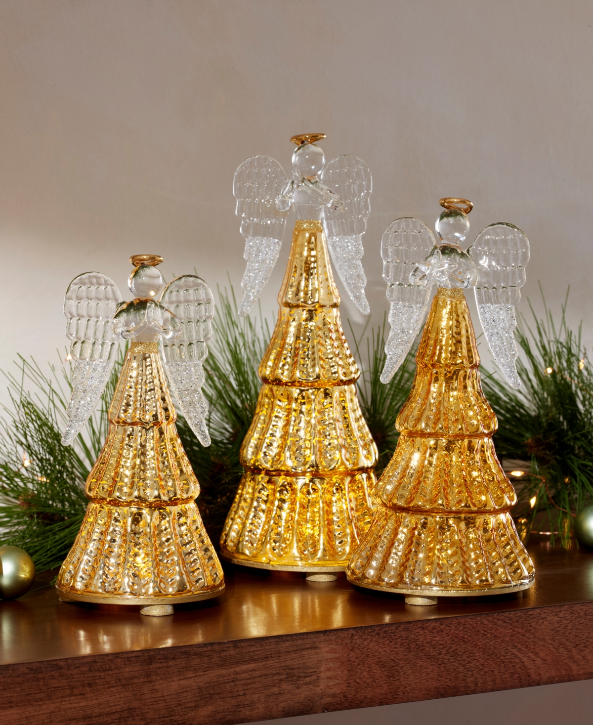 Lenox Radiant Light Lit Glass Angel Figurines, Set Of 3 In Gold