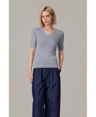 Women's Merino Wool Lurex Sweater | Shimmer Fine gauge V-Neck Short Sleeve Top | Machine Washable Pullover