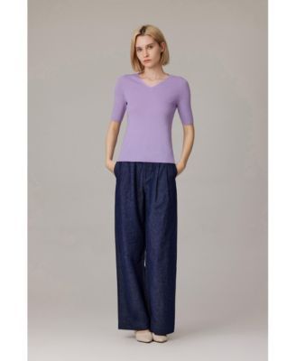 Women's Merino Wool Lurex Sweater | Shimmer Fine gauge V-Neck Short Sleeve Top | Machine Washable Pullover