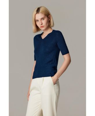 Women's Merino Wool Lurex Sweater | Shimmer Fine gauge V-Neck Short Sleeve Top | Machine Washable Pullover