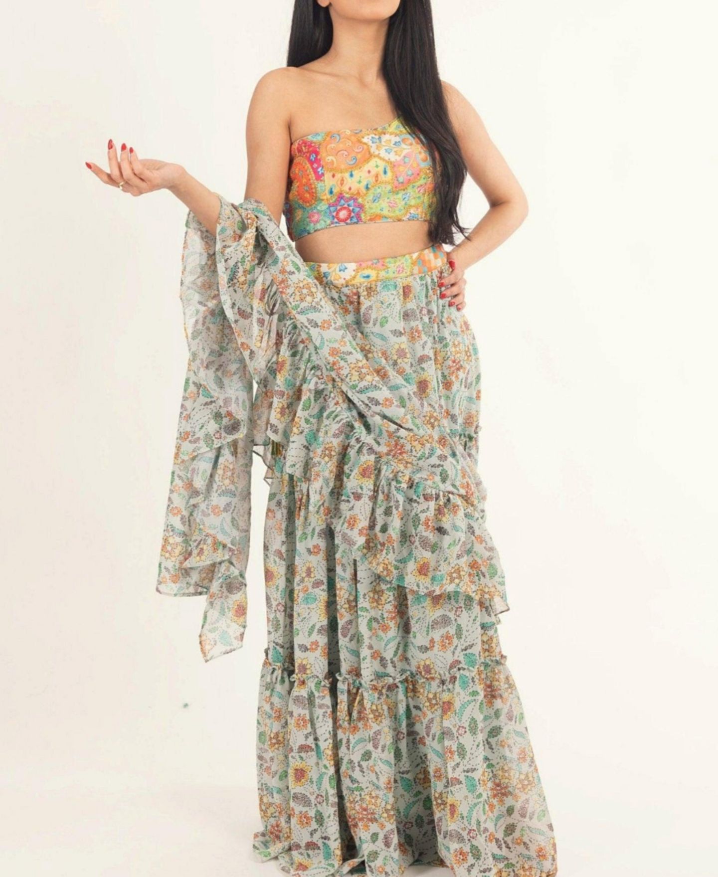 Женское платье RAAS One-Shoulder Floral Ruffle Saree, цвет: Светлый зелёный — фото 3
