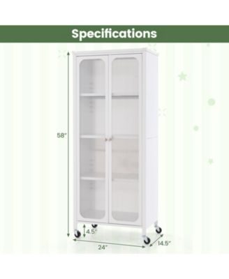Glass Doors Storage Cabinet with Wheels and Adjustable Shelves