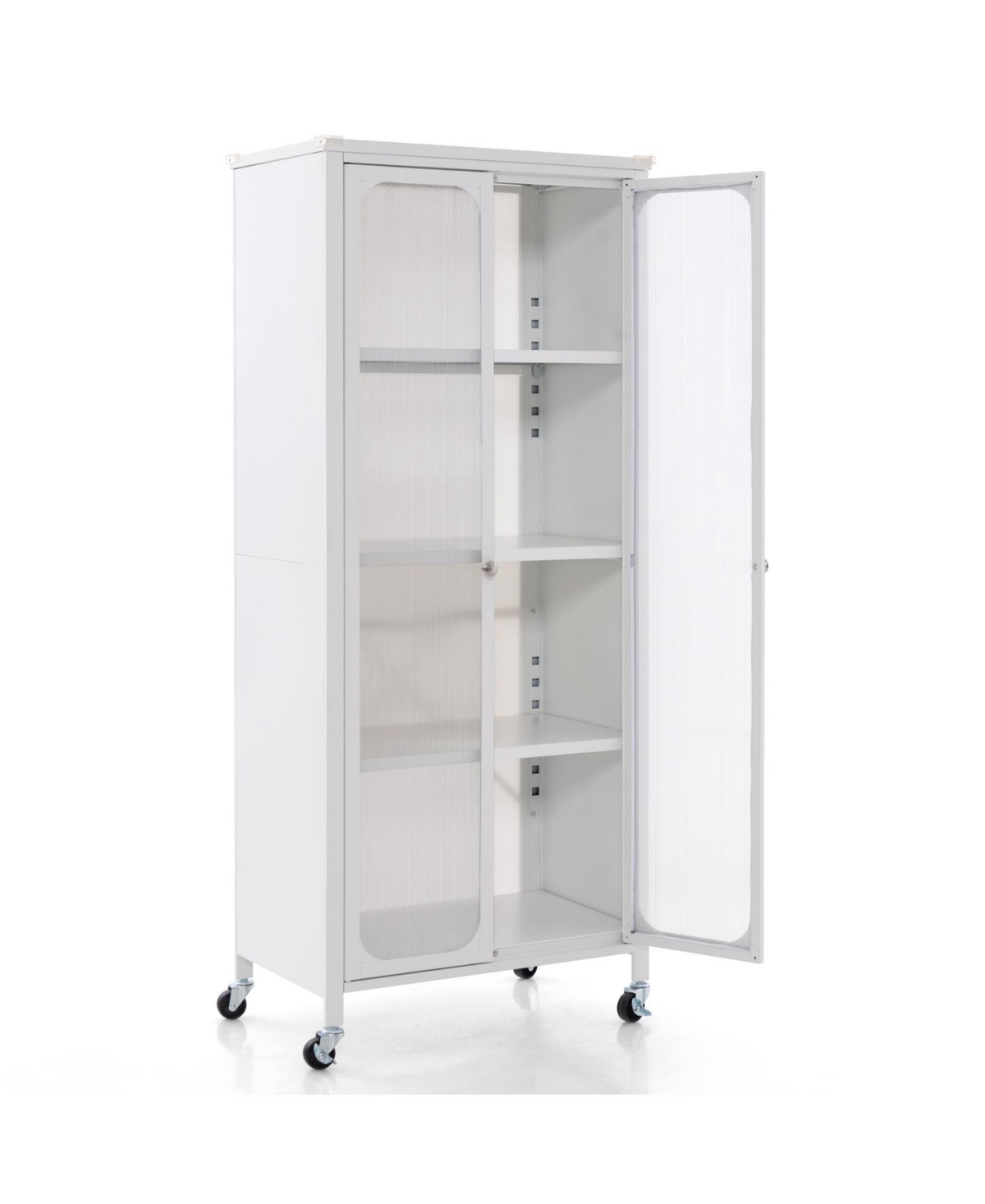 Glass Doors Storage Cabinet with Wheels and Adjustable Shelves - White