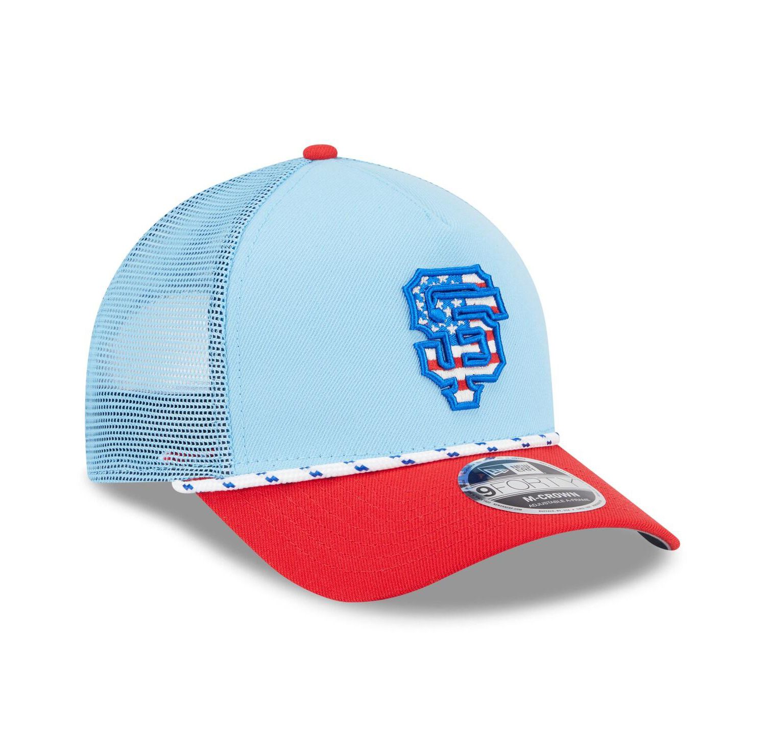 Men's Light Blue/Red San Francisco Giants 2025 Fourth of July 9FORTY A-Frame M-Crown Adjustable Trucker Hat