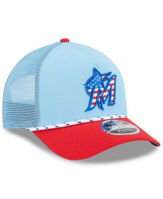 Men's Light Blue/Red Miami Marlins 2025 Fourth of July 9FORTY A-Frame M-Crown Adjustable Trucker Hat