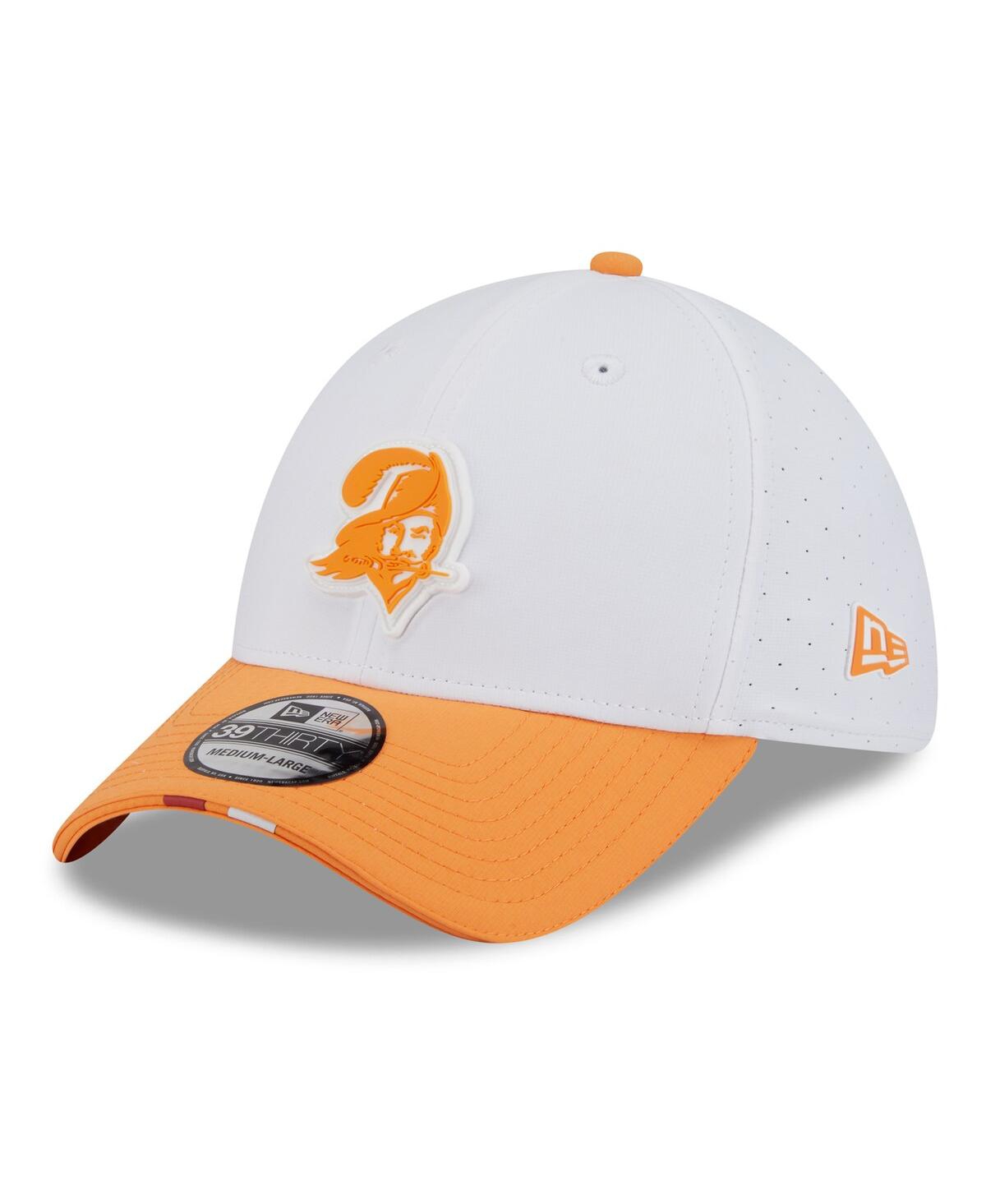 New Era Men's White/orange Tampa Bay Buccaneers 2025 Nfl Training Camp Throwback Logo 39thirty Flex Hat