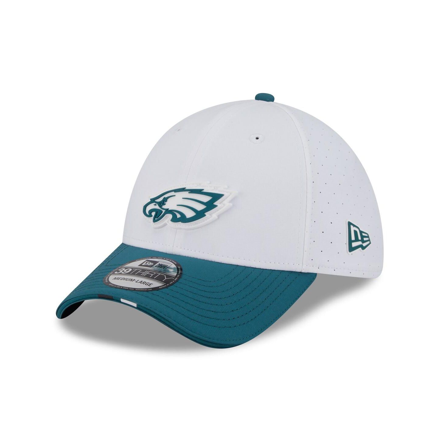 Мужская кепка New Era White/Midnight Green Philadelphia Eagles 2025 NFL Training Camp 39THIRTY Flex Hat — фото 1