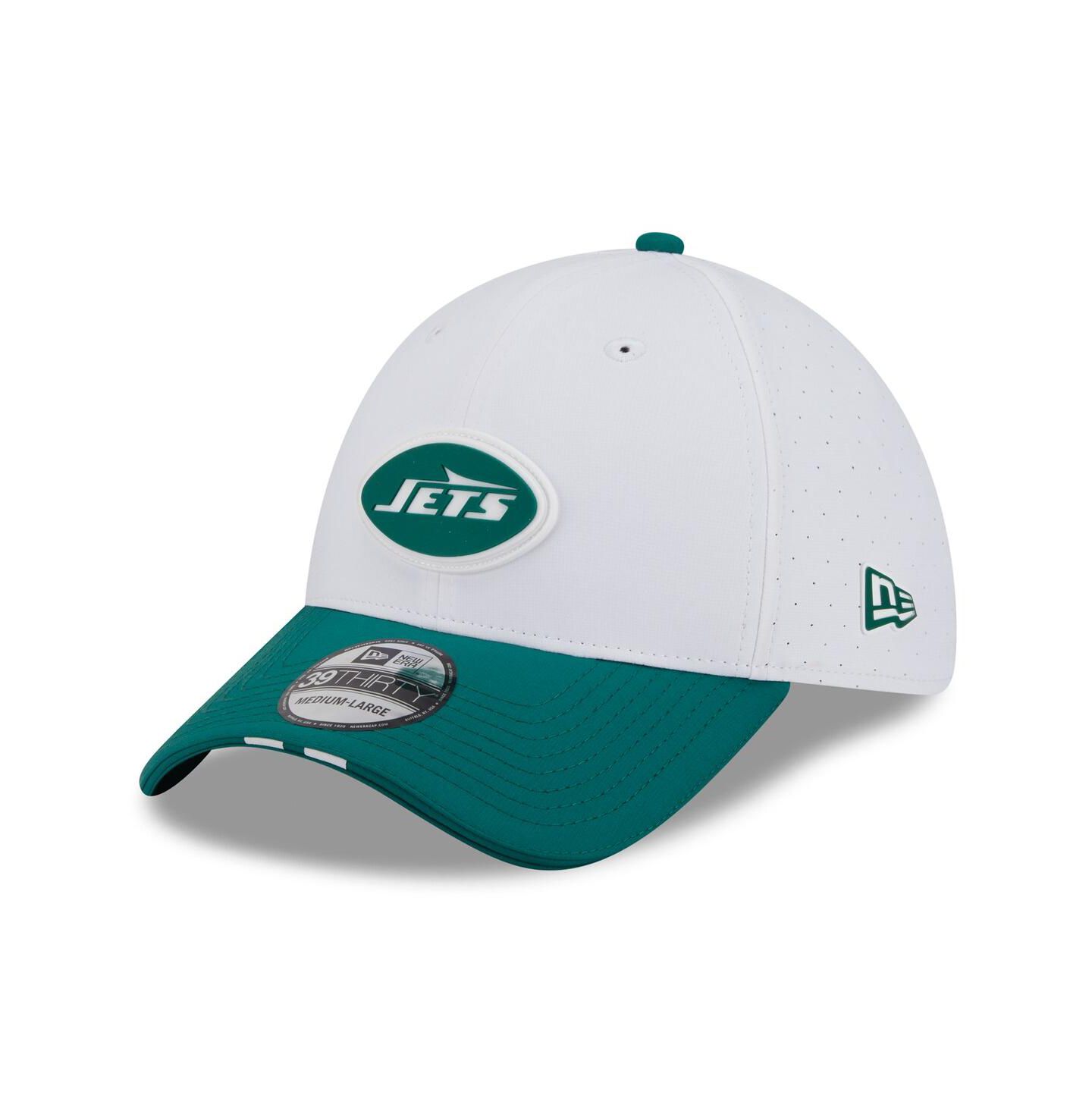 Мужская кепка New Era White/Green New York Jets 2025 NFL Training Camp 39THIRTY Flex Hat — фото 1