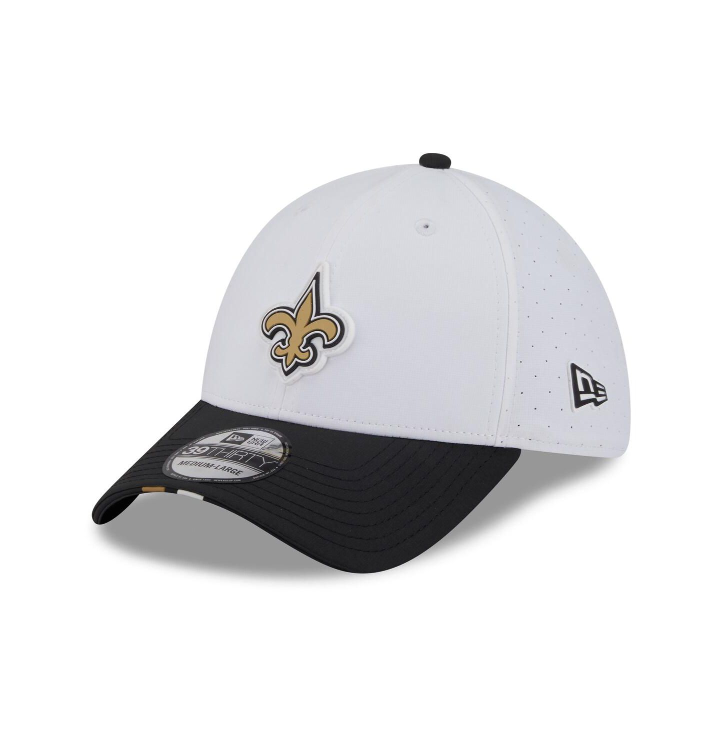 Мужская кепка New Era White/Black New Orleans Saints 2025 NFL Training Camp 39THIRTY Flex Hat — фото 1