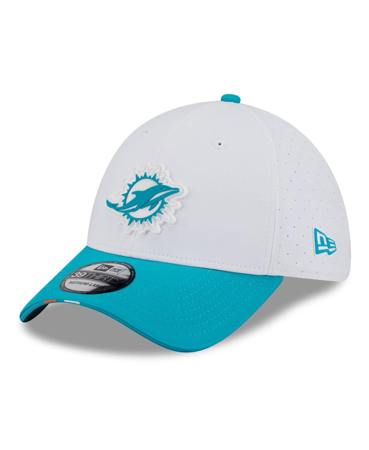 New Era Men's White/aqua Miami Dolphins 2025 Nfl Training Camp 39thirty Flex Hat