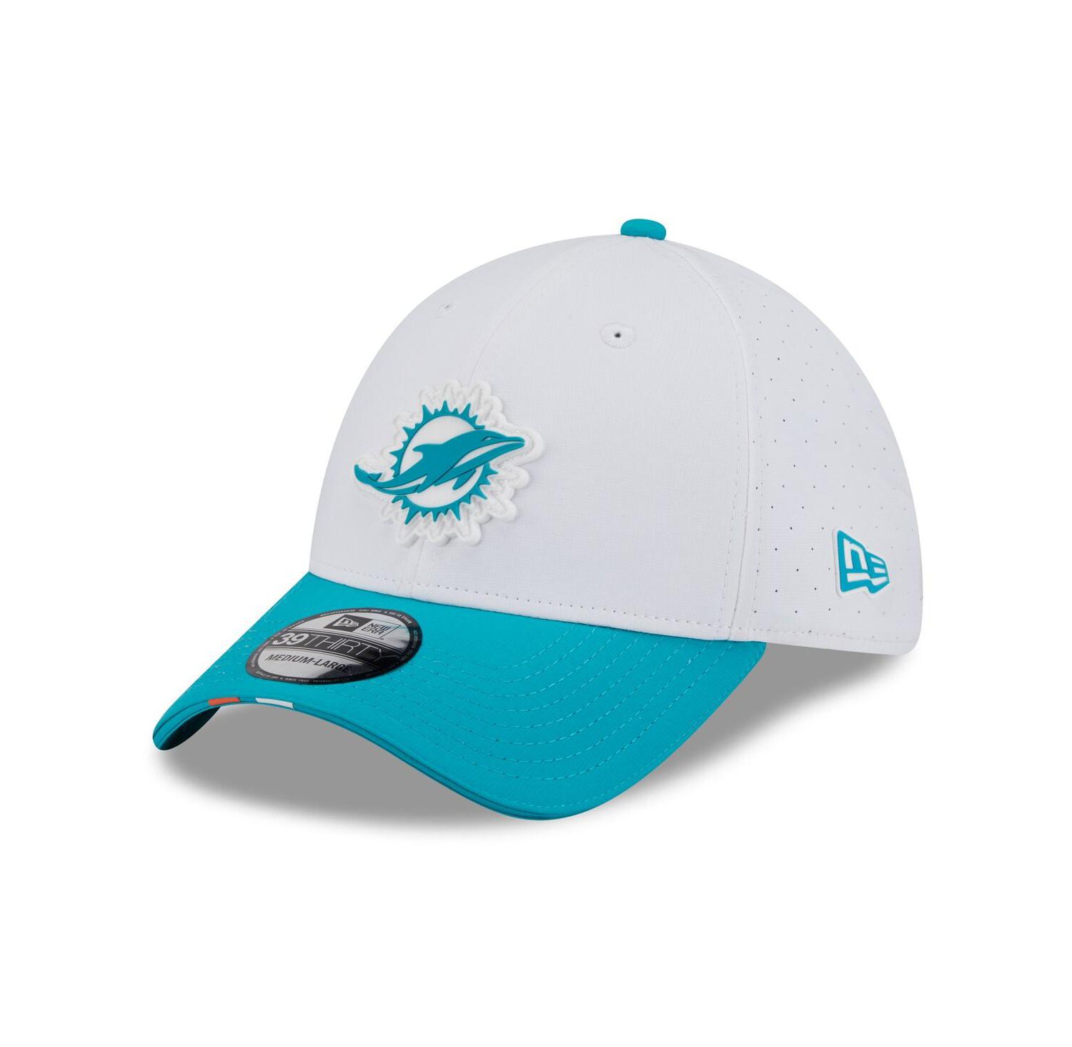 Men's White/Aqua Miami Dolphins 2025 NFL Training Camp 39THIRTY Flex Hat