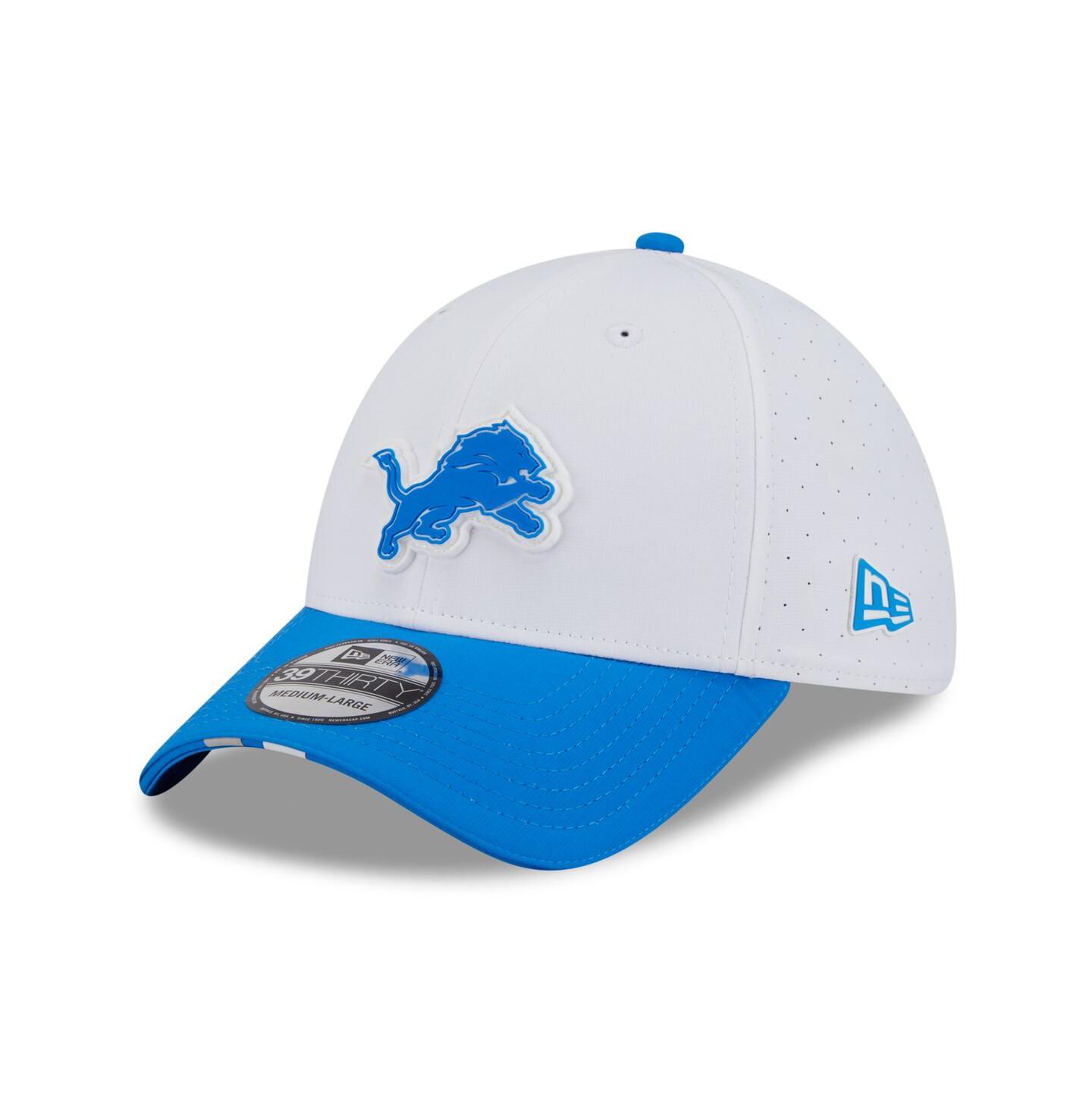 Мужская кепка New Era White/Blue Detroit Lions 2025 NFL Training Camp 39THIRTY Flex Hat — фото 1