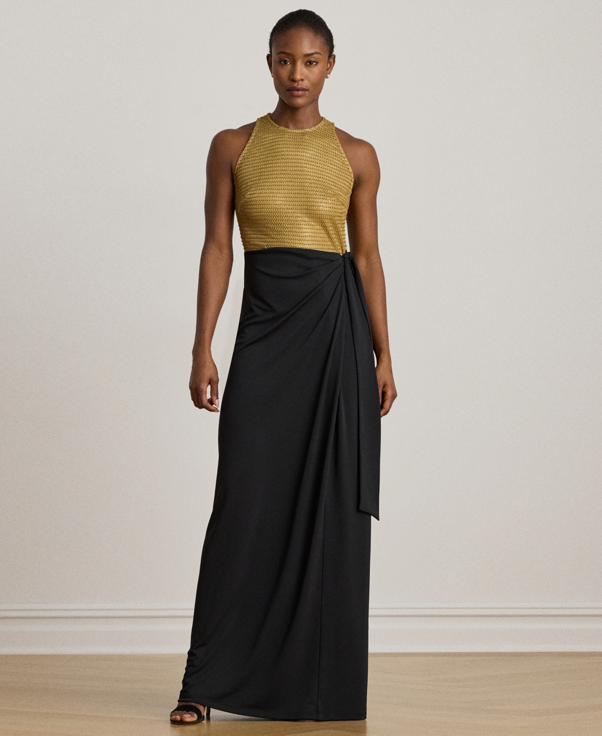 Women's Beaded Mesh & Jersey Tie-Front Gown - Birch Tan/Black