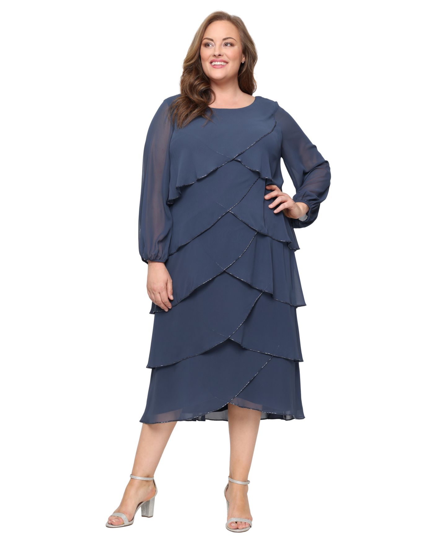 Женское платье SL Fashions Plus Size Tiered Chiffon A-Line, цвет: Сланцевый — фото 1