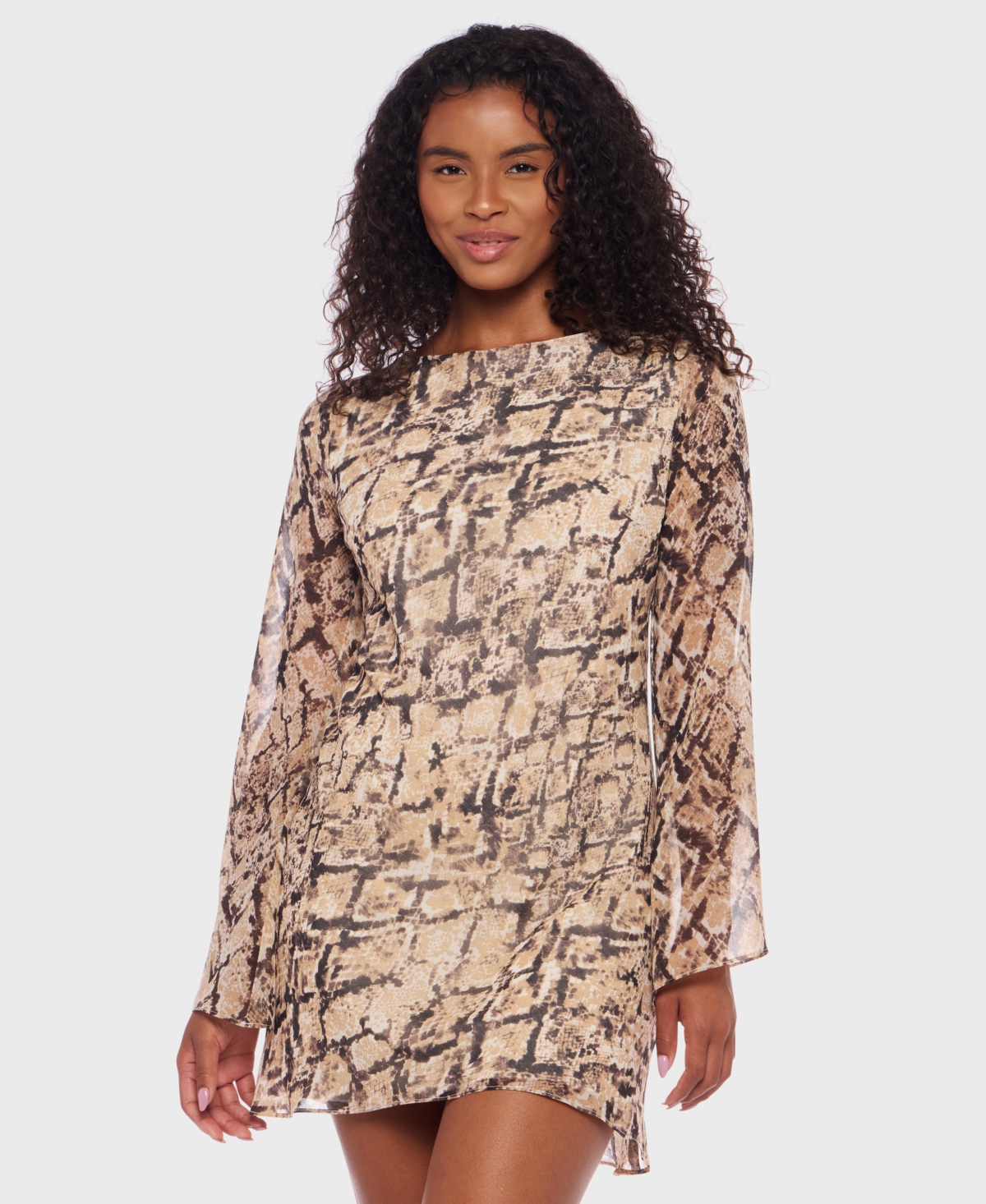 B Darlin Juniors' Snake-print Tie-back Long-sleeve Short Dress In Sand