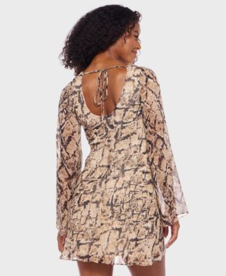 Juniors' Snake-Print Tie-Back Long-Sleeve Short Dress