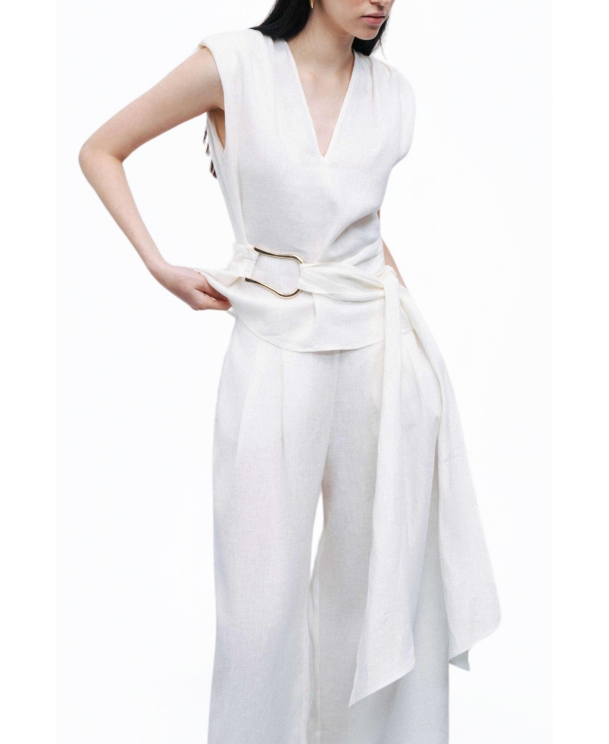 Women's Linen Waist Accessory Detailed Blouse - Open white