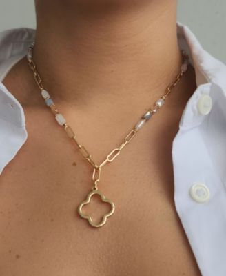 Mixed Bead and Chain Clover Outline Pendant Necklace