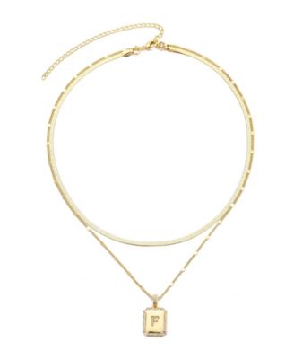 Gold Pave Tag Pendant and Herringbone Chain Initial Necklace Set