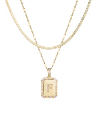 Gold Pave Tag Pendant and Herringbone Chain Initial Necklace Set
