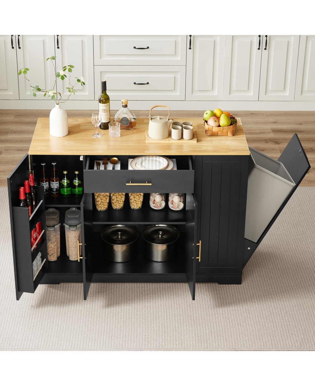 Streamdale Furniture Kitchen Island w/ Drawers & Trash Storage - Black