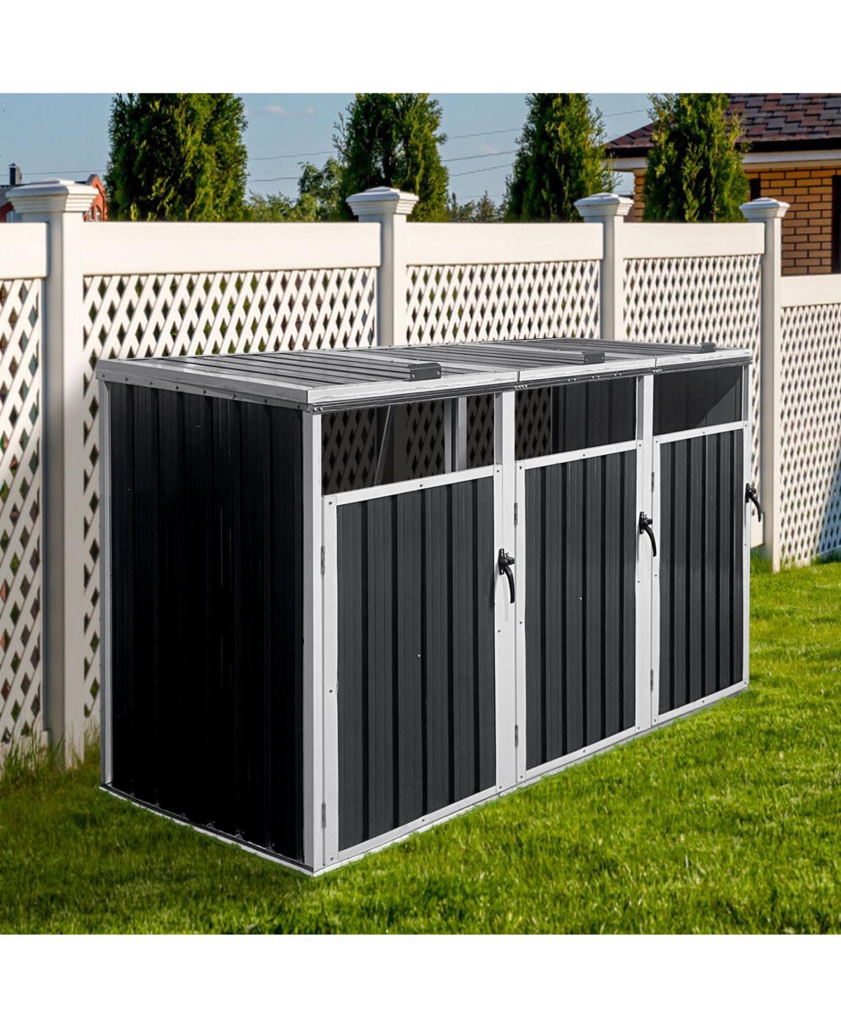 Streamdale Furniture Metal 3-Can Outdoor Garbage Bin Shed