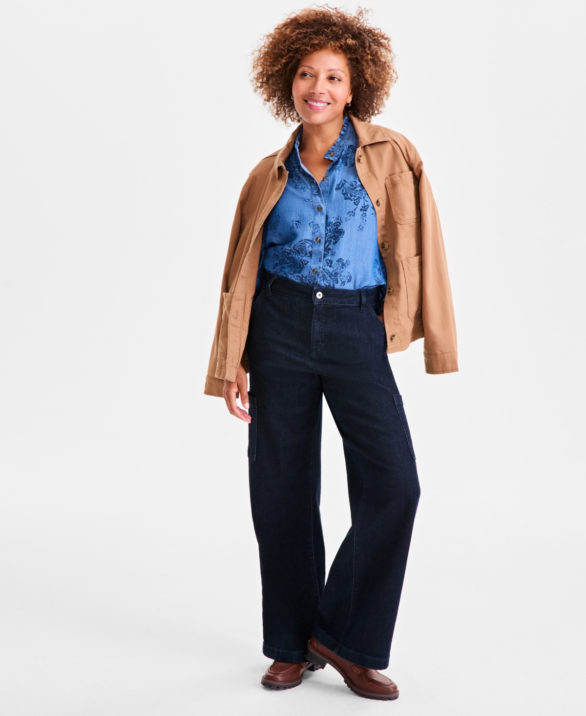 Style & Co Petite Paisley Print Chambray Shirt, Macy's Exclusive In Black